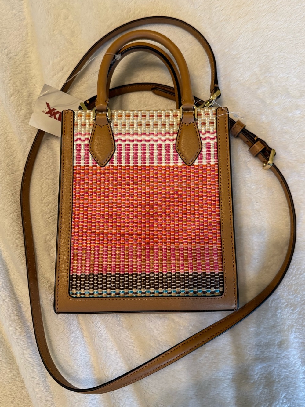 kate spade New York Ellie Pink & Tan Woven Mini Tote with Crossbody Strap - Picture 2 of 5